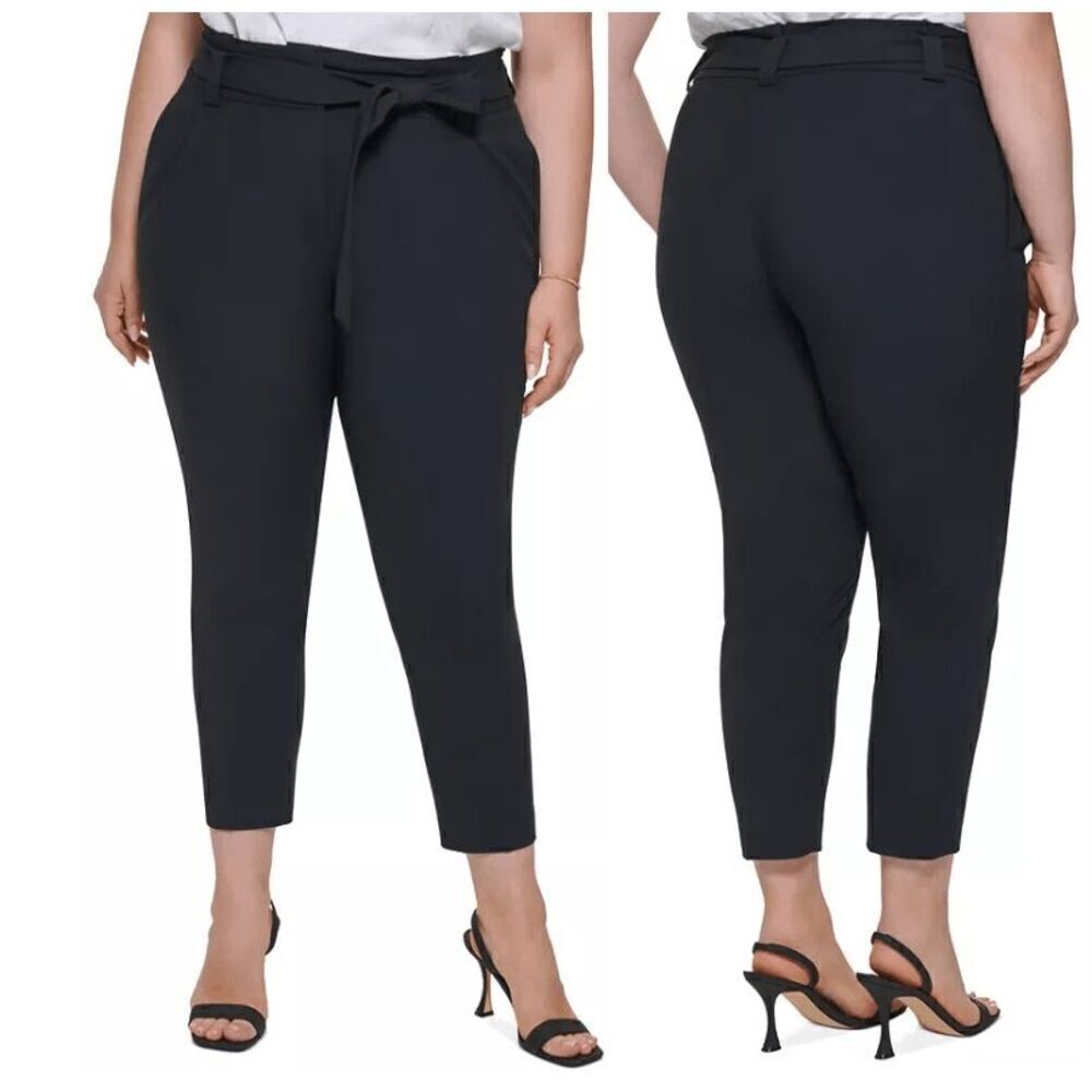 Calvin Klein Plus Size Black Tie-Belt Straight-Leg Pants 20W